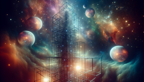 An abstract tower built from floating geometric shapes, surrounded by glowing orbs and an endless cosmic background.