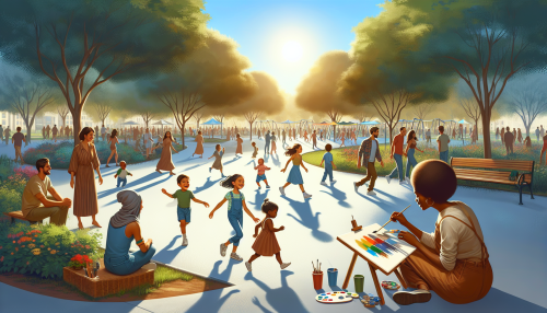 A sunny park filled with children playing, couples strolling hand-in-hand, and a painter capturing the scenery on a canvas.