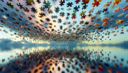 A surreal landscape of scattered puzzle pieces, each showing fragments of memories, floating above a reflective ocean.