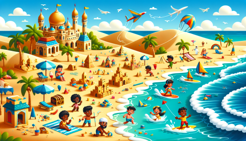 A vibrant cartoon beach with golden sands, turquoise waves, and cheerful characters building sandcastles, surfing, and flying kites. A treasure chest peeks out from the sand, hinting at an exciting adventure.