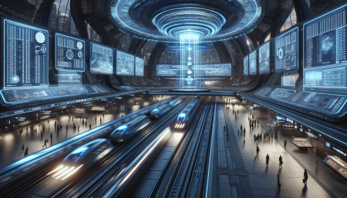 A bustling futuristic transportation hub with levitating trains, holographic schedules, and sleek architecture glowing in neon blue.