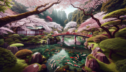 A vibrant Japanese garden in spring, filled with blooming cherry blossoms, a tranquil koi pond, and a red wooden bridge arching over the water.