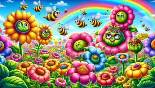 A whimsical cartoon garden bursting with oversized flowers in every color, buzzing bees with tiny glasses, and talking plants. A rainbow arches over the garden, adding to the magical atmosphere.