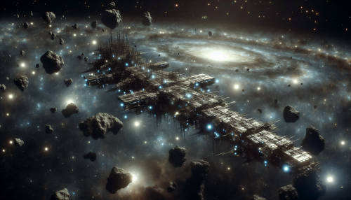 A colossal space battleship navigating through a dense asteroid field, illuminated by glowing energy cores and distant stars.