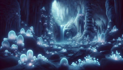 A glowing mystical cave, with sparkling crystal formations, an underground waterfall, and bioluminescent fungi casting an ethereal glow.