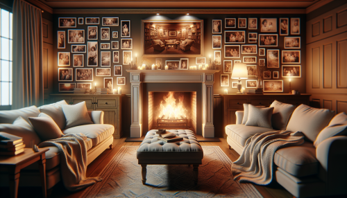 A warm living room with a crackling fireplace, soft blankets draped over the furniture, and family photos on the walls.