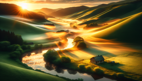 A serene valley at sunrise, with mist rolling over lush green fields and golden rays illuminating the distant hills. A small wooden cabin sits by a calm river reflecting the morning light.