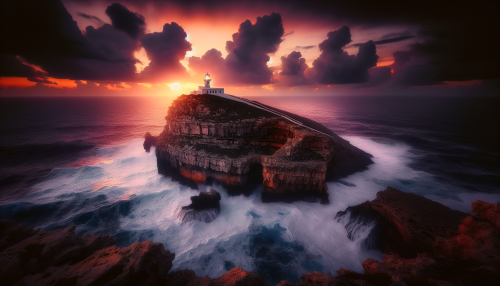 A dramatic coastal cliff at sunset, with waves crashing against the rocks and a lone lighthouse standing as a beacon of light.