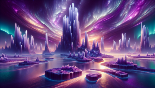 A surreal alien planet with swirling purple skies, towering crystalline formations, and floating islands hovering above a glowing ocean.