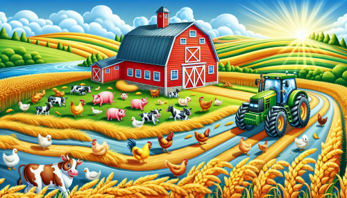 A cheerful cartoon farm with a bright red barn, fields of golden wheat, and a family of animals playing in the yard. A tractor drives along a winding dirt road under a sunny blue sky.