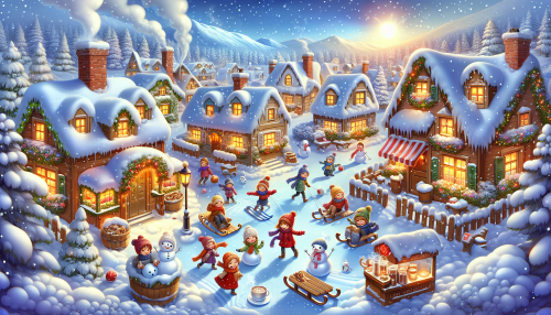 A cozy cartoon village covered in snow, with children sledding, building snowmen, and throwing snowballs. The scene features glowing lights in the windows and a steaming hot chocolate stand.