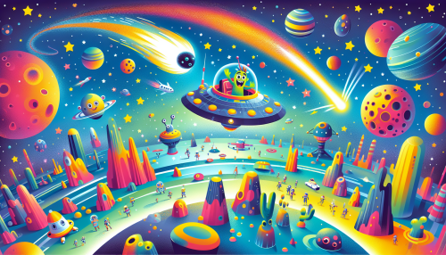 A playful cartoon spaceship exploring a vibrant galaxy filled with twinkling stars, floating planets, and a comet streaking by. Friendly aliens wave from their home on a colorful asteroid.