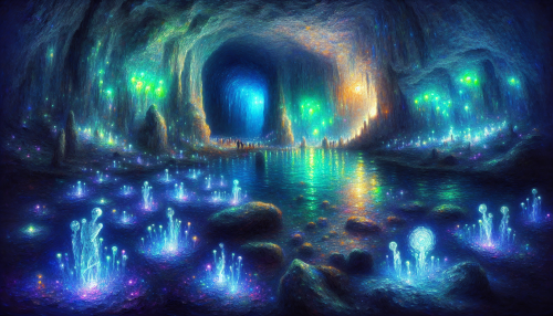 An enchanting luminescent cave in an Impressionistic style, featuring walls glistening with bioluminescent minerals glowing in hues of azure, emerald, and amethyst. Soft dappled light filters through jagged formations, reflecting on a tranquil underground lake with shimmering ripples resembling a starry sky. Delicate crystalline structures catch the glow, refracting it into a kaleidoscope of vibrant colors. In the foreground, ethereal fae or mythical explorers with translucent forms gather around a floating spectral orb that radiates otherworldly light. The scene evokes wonder and serenity, blending nature’s beauty with fantastical elements in a dreamlike atmosphere.