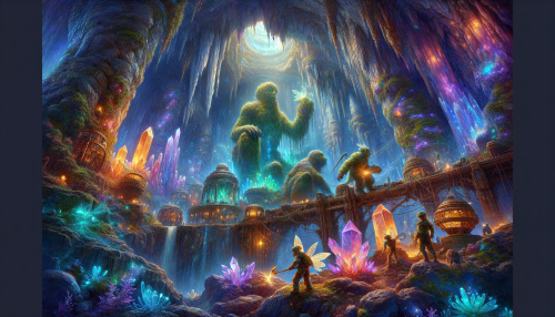 A fantastical mine deep within an alien planet, featuring a vast cavern with iridescent mineral-covered walls pulsing with vibrant colors and jagged stalactites resembling crystal chandeliers. At the center, diverse miners including a towering moss-covered giant and a nimble winged sprite work together with shimmering, magical tools to extract floating ores. A colossal, pulsating crystal structure dominates the background, radiating intense blue light. Bioluminescent flora clings to the walls, illuminating ancient relics that suggest a forgotten civilization. The atmosphere is rich with mystery and adventure, blending fantasy with a cosmic, otherworldly aesthetic.