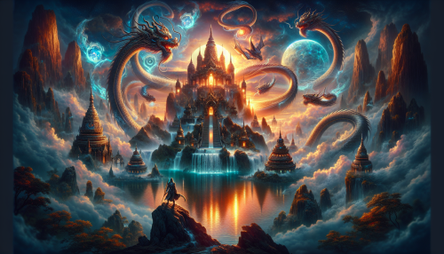 A mythical scene inspired by ancient legends, featuring a grand mountain temple perched on a mist-covered peak. The temple is surrounded by ethereal clouds and glowing orbs of light, with a majestic dragon coiling around its spires. At the base of the mountain, a shimmering waterfall cascades into a crystal-clear pool, reflecting the vibrant colors of the sunset sky. In the foreground, a lone warrior with ornate armor and a glowing sword stands atop a rocky ledge, gazing towards the temple. The atmosphere is mystical and awe-inspiring, blending elements of fantasy and mythology.