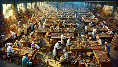 A vivid depiction of labor and work, featuring a bustling workshop filled with skilled craftsmen and women working on intricate projects.