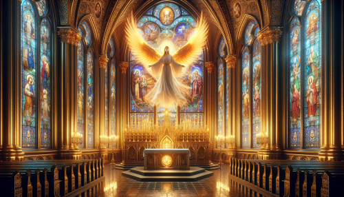 A serene and majestic religious imagery scene featuring a grand cathedral bathed in golden light. The interior is adorned with intricate stained glass windows depicting sacred symbols and divine figures. At the center, an angelic figure with outstretched wings, glowing with ethereal light, stands above an ornate altar.