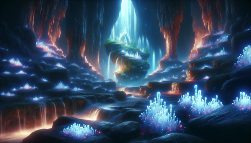 A glowing mystical cave, with sparkling crystal formations, an underground waterfall, and bioluminescent fungi casting an ethereal glow.