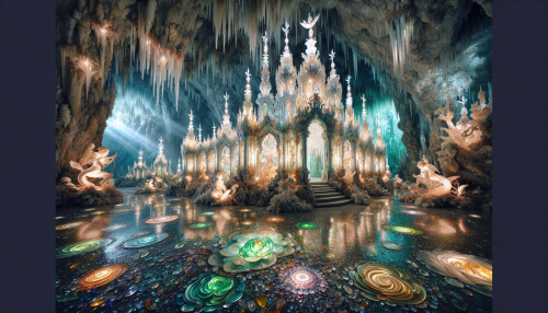 A mesmerizing scene of the Underground Crystal Cathedral nestled in a mystical cavern. The cathedral features towering spires inspired by Rococo architecture, adorned with intricate floral motifs and serpentine curves, crafted from shimmering crystal facets. Soft, ethereal light refracts off the crystalline structure, casting a kaleidoscope of colors against the rough cave walls. Inside, delicate crystal chandeliers hang from the ceiling, illuminating Rococo-style cherubs and mythical creatures painted on swirling vines and blossoms on the walls. The iridescent gemstone mosaic floor leads to a radiant crystal altar emitting celestial light, while wispy tendrils of mist weave through the air, creating an enchanting, dreamlike ambiance.