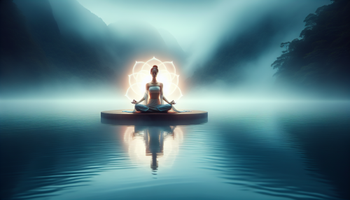 A tranquil scene depicting meditation and spiritual pursuit, featuring a lone figure sitting in a lotus position on a floating platform above a serene, misty lake. The figure is surrounded by a soft, radiant aura, symbolizing inner peace and enlightenment.