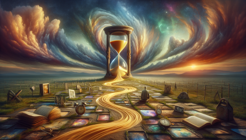 A surreal depiction of time and memory, featuring a vast, dreamlike landscape with a gigantic, cracked hourglass at the center. Golden sands spill out and flow like a river, winding through a field of forgotten objects, including faded photographs, old books, and broken clocks. The sky above is a swirling mix of twilight hues, with faint images of memories and faces appearing in the clouds. In the foreground, a lone figure stands on a pathway made of scattered timepieces, gazing towards the horizon where the sands of time vanish into infinity. The scene exudes mystery, nostalgia, and the passage of time.