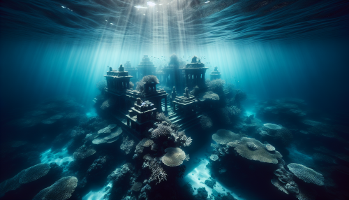 Beneath the tranquil surface, the Lost Underwater Palace emerges, a minimalist marvel of intricate architecture entwined with vibrant coral. Soft sunlight filters through the water, casting ethereal shadows that dance on ancient walls. This serene underwater realm invites exploration, evoking a rich tapestry of history and the mysteries of the deep.