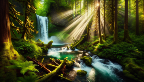 A secluded waterfall cascading into a clear, emerald-green pool in the heart of a dense forest. Sunlight filters through the canopy, creating beams of light that dance on the mist. Moss-covered rocks and fallen logs surround the scene, while vibrant ferns and wildflowers add splashes of color. The sound of rushing water and the rustle of leaves create a peaceful and immersive atmosphere.