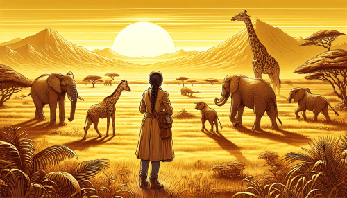 In this scene illustration, a time traveler stands amidst a golden savannah, marveling at the sight of majestic elephants and giraffes roaming freely in the distance. The sun sets, casting a warm glow over the vast landscape, creating a sense of tranquility and wonder in this timeless moment.