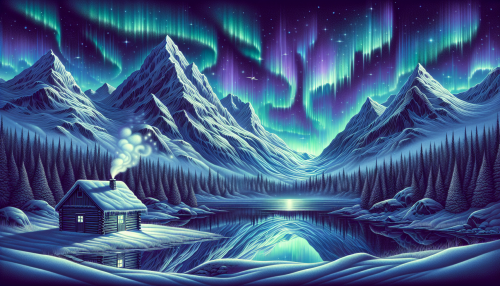 A breathtaking view of a snow-covered mountain range under a vibrant aurora borealis. The icy peaks glisten under the shimmering green and purple lights, while a frozen lake reflects the celestial display. In the foreground, a small wooden cabin with smoke rising from the chimney adds a cozy contrast to the vast, cold wilderness. The atmosphere is serene and magical, blending the grandeur of nature with a touch of warmth and solitude.