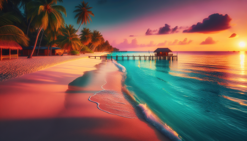 A tranquil tropical beach at sunset, featuring golden sands stretching into the distance, bordered by gently swaying palm trees. The turquoise water sparkles under the warm hues of orange and pink, while small waves lap at the shore. A wooden pier extends into the ocean, with a thatched hut at the end, inviting visitors to relax and take in the idyllic scenery. The scene is vibrant, peaceful, and inviting.