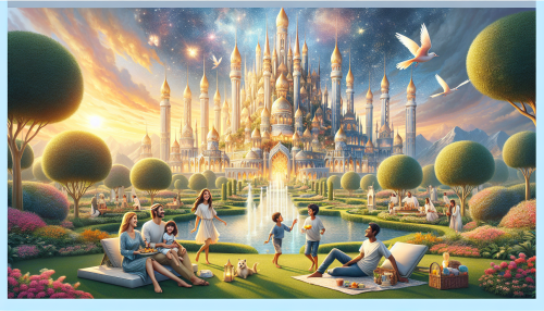 In this scene illustration, we see a luxurious sky castle floating high above a picturesque landscape. The castle is adorned with intricate carvings and shimmering towers, embodying opulence and grandeur. Below, a happy family enjoys a picnic in the lush gardens surrounding the castle, their laughter echoing through the air. Children chase each other around a fountain, while parents relax on elegant loungers, basking in the warm sunlight. The scene is bathed in a golden glow, enhancing the magical and peaceful atmosphere. The combination of the family life style with the ethereal sky castle creates a truly enchanting and immersive experience.