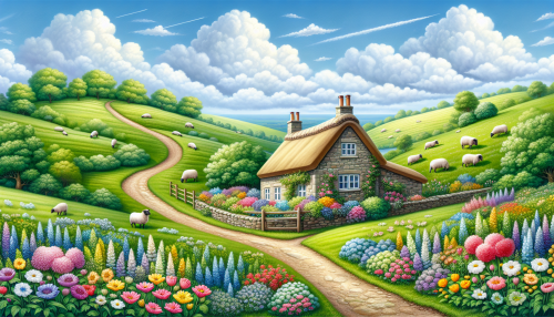 A picturesque countryside scene with rolling green hills dotted with wildflowers and grazing sheep. A meandering dirt path leads to a charming stone cottage with a thatched roof, surrounded by a garden in full bloom. The sky is a bright blue with a few fluffy clouds, and the atmosphere is idyllic, evoking a sense of peace and simplicity.