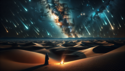 A vast desert under a starlit sky, illuminated by a spectacular meteor shower. The dunes glow faintly under the light of the Milky Way, creating an otherworldly scene. In the foreground, a lone traveler stands beside a small campfire, gazing up at the celestial display. The scene captures the infinite beauty of the cosmos and the solitude of the desert.