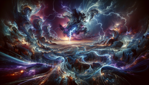 The scene unfolds in a surreal landscape dominated by Electric Storm Fields—an expanse of vibrant, swirling colors illuminated by crackling bolts of electric energy. The sky is an intricate tapestry of deep indigos and shimmering silvers, dotted with luminescent clouds that pulse rhythmically. In the foreground, abstract forms twist and bend, resembling organic structures entwined with sharp metallic shards. Wisps of glowing mist drift through the air, intertwining with fragments of light that dance across the field. The atmosphere buzzes with an electric hum, immersing the viewer in a dreamlike realm where reality blurs, inviting exploration into the depths of uncharted beauty.