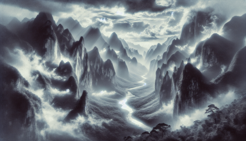 A dramatic mountain landscape shrouded in mist and low-hanging clouds. The rugged cliffs and jagged peaks are partially hidden, creating a mysterious and awe-inspiring view. Below, a winding river snakes through a dense forest, its surface shimmering like silver. The interplay of light and shadow enhances the ethereal atmosphere, evoking a sense of grandeur and solitude.