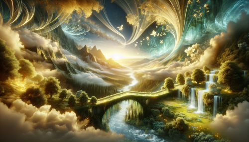 In a breathtaking fusion of landscapes, an ethereal sky bridge arches gracefully between misty mountains and lush valleys. Bathed in soft, golden light, intricate details emerge—twisting vines, shimmering waterfalls, and delicate blossoms. This immersive atmosphere invites exploration, where reality blurs into a dreamscape, evoking a sense of wonder and tranquility.