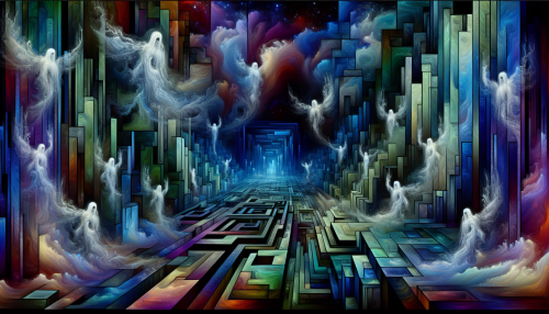 In a mesmerizing fusion of Cubism and the enigmatic Netherworld, jagged forms and fragmented perspectives create a dreamlike landscape teeming with vibrant shades of indigo and emerald. Ethereal figures emerge from complex geometric shapes, their expressions haunting yet introspective. The atmosphere pulses with an otherworldly energy, inviting viewers to explore the depths of this surreal realm, where reality bends and time stands still.