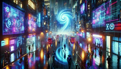 In a neon-lit cityscape, spirals of vibrant energy swirl like the eye of a tornado, casting electric hues across rain-slicked streets. Holographic advertisements flicker amidst shadowy alleyways, while sleek, chrome-clad figures navigate the chaos. The air hums with the pulse of synth beats, creating an intoxicating blend of danger and allure.