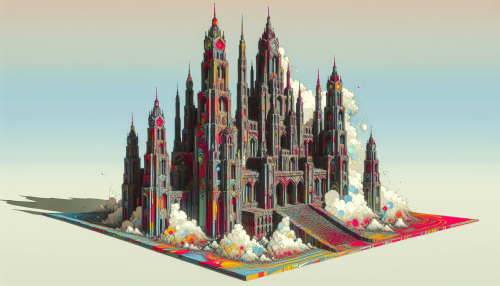 In a vibrant Pop Art reinterpretation, the Obsidian Fortress rises majestically, its jagged spires adorned with bold, primary colors and intricate patterns. The structure seems to pulse with energy, surrounded by whimsical clouds and playful geometric shapes, creating an immersive atmosphere that fuses monumental strength with a vivid, contemporary flair.