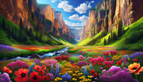 A vibrant springtime valley blanketed with wildflowers in shades of red, yellow, and purple. Towering cliffs rise on either side, framing a crystal-clear river winding through the lush greenery. The sky is a brilliant blue, dotted with fluffy white clouds, and the air seems alive with the soft hum of bees and the distant chirping of birds. The atmosphere is fresh and rejuvenating, capturing the essence of renewal and life.