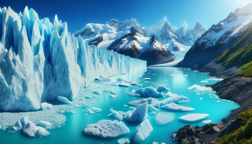 A majestic glacier towering over a brilliant blue lagoon, with chunks of ice floating on the water’s surface. The icy formations glisten under the bright sunlight, while distant snow-capped mountains add depth to the scene. The air is crisp and cool, and the entire landscape exudes a sense of timeless beauty and purity.