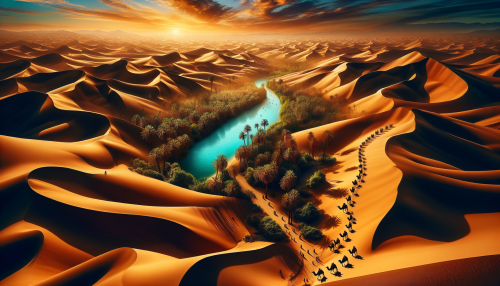 A striking desert landscape featuring rolling golden dunes and a hidden oasis. The lush palm trees and shimmering blue water of the oasis stand in stark contrast to the surrounding arid expanse. In the distance, a caravan of camels traverses the dunes under a deep orange sky, as the setting sun casts long shadows. The scene is both harsh and beautiful, showcasing the resilience of life in an unforgiving environment.