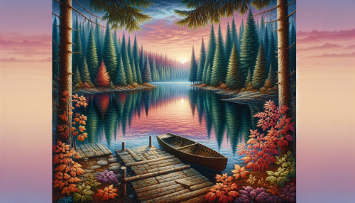 A serene lake surrounded by towering pine trees, with the surface so still it mirrors the vibrant autumn foliage and the soft glow of the setting sun. A small wooden dock extends into the water, with a canoe tied to its edge. The sky is a soft gradient of pink and orange, and the tranquil scene feels like a perfect escape from the hustle of modern life.