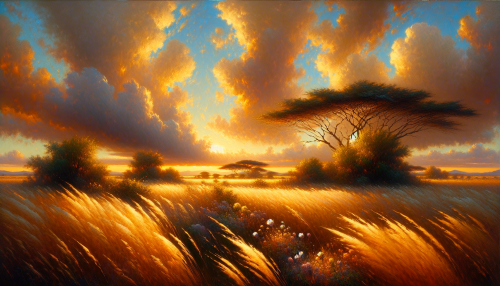 Bathed in the warm glow of dusk, this impressionistic masterpiece captures the vast expanse of golden grasses swaying gently in the breeze. Sunlight dances through billowing clouds, casting a radiant hue over the landscape. Wisps of wildflowers peek through the sea of gold, while distant silhouettes of acacia trees stand sentinel, embodying the tranquil beauty of an African evening.