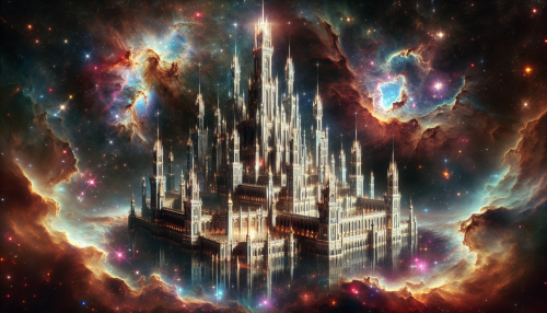 Rising majestically from a swirling vortex of colorful nebulas, the Nebula Crown Palace embodies both elegance and chaos. Its shimmering spires pierce the dark void of space, adorned with radiant gemstones that pulse with cosmic energy. Below, turbulent celestial storms clash against the palace's serene beauty, creating an awe-inspiring juxtaposition of tranquility and turmoil in the universe's vast tapestry.