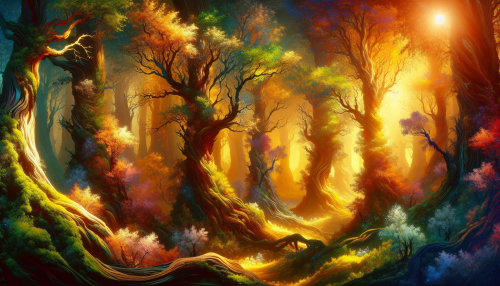 In this breathtaking landscape, towering trees adorned with vibrant foliage shift through the colors of the seasons. Each trunk is cloaked in soft moss, while golden sunlight filters through the leaves, creating a shimmering dance of light and shadow. Mystical creatures weave between the branches, adding to the magic of this enchanted forest.