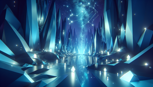 Enter a mesmerizing realm where crystalline formations jut from the ground, reflecting the starlit sky in polygonal brilliance. The cool air tingles with a mystical energy, and the low poly aesthetics create a dreamlike landscape of geometric shapes and vibrant shades of blue. Glowing ice crystals illuminate the caverns, guiding explorers through a serene, otherworldly adventure.