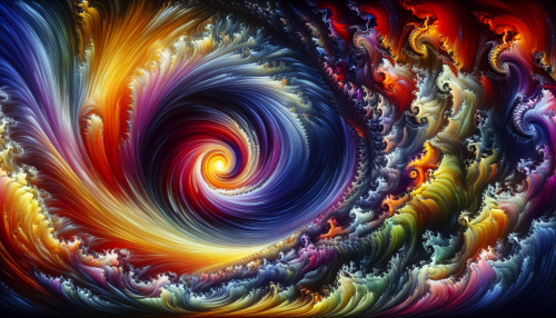 In this captivating artwork, the Eye of the Tornado takes center stage, its swirling vortex rendered in vibrant hues that evoke a sense of beauty amidst chaos. Fractal patterns dance around the storm, merging organic forms with abstract designs, creating a mesmerizing balance. Each brushstroke draws the viewer deeper, inviting them to explore the turbulent yet harmonious interplay of nature's raw energy and artistic expression.