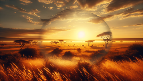 Immerse yourself in the sun-drenched embrace of the Golden Savannah, where tall grasses sway gently in the warm breeze, kissed by the golden hues of twilight. Silhouetted acacia trees punctuate the horizon, and a distant herd of wildebeests gently roam, embodying the raw beauty of nature. This tranquil landscape invites introspection, evoking a sense of freedom and timelessness.