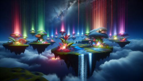 In a realm where gravity loses its hold, vibrant floating islands drift through a twilight sky. Each island glows with luminous flora and cascading waterfalls, painted with swirling beams of light that dance and flicker against the dusk. The scene invites exploration, blending dreams with the magic of the universe.